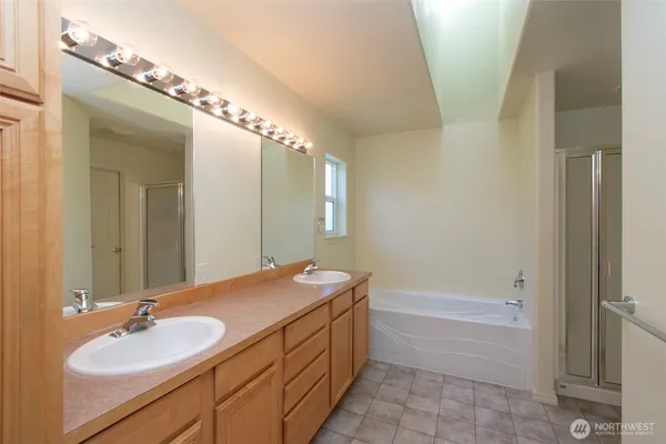 a bathroom with a tub a double vanity sink and mirror