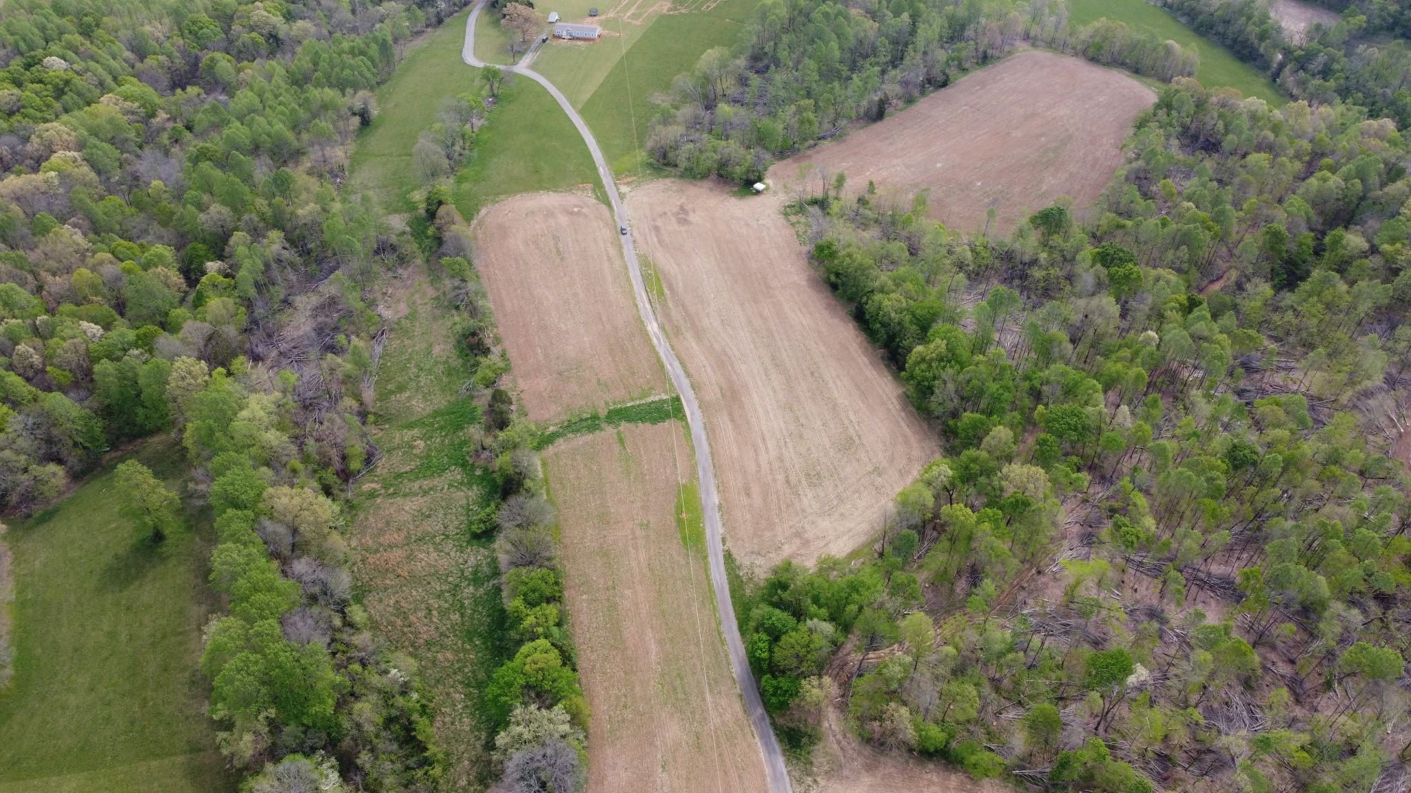 an aerial view of a house with a yard and large trees