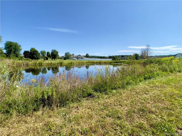 a view of a lake with houses in the back