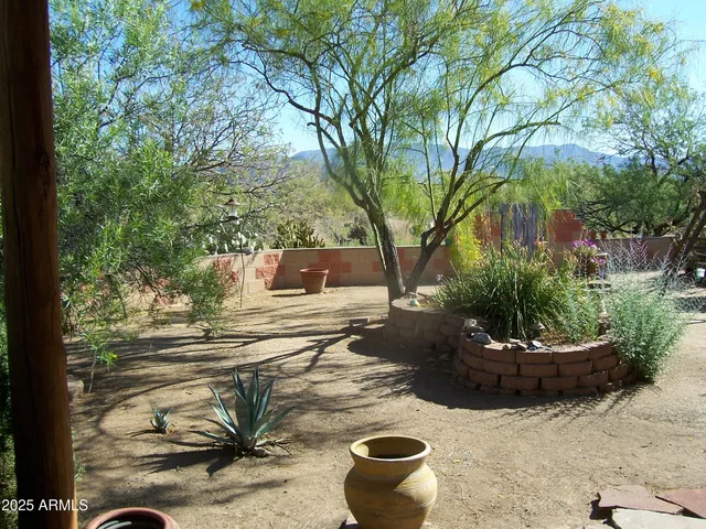 a view of a backyard with plants and entertaining space