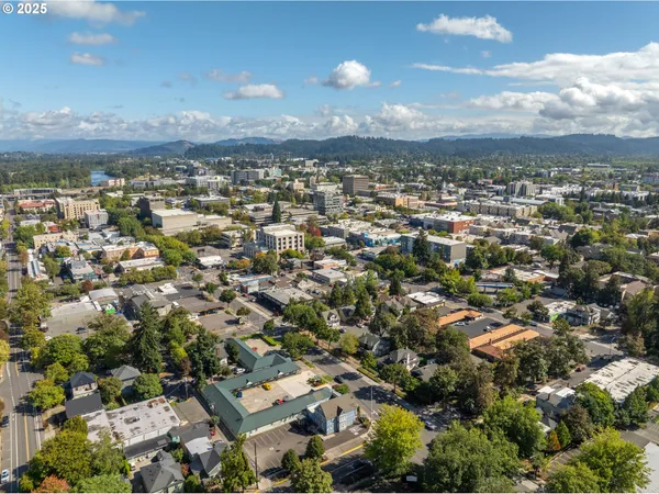 an aerial view of residential houses with city view