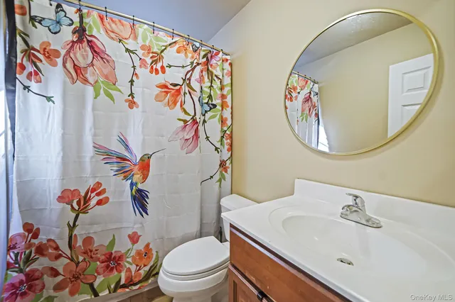 a bathroom with a sink mirror and toilet