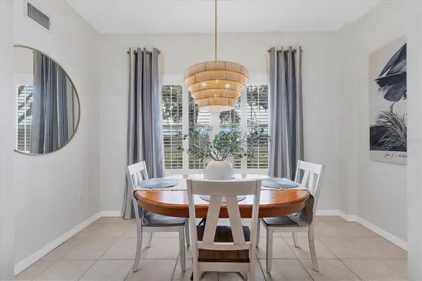 a view of a dining room with furniture window and outside view