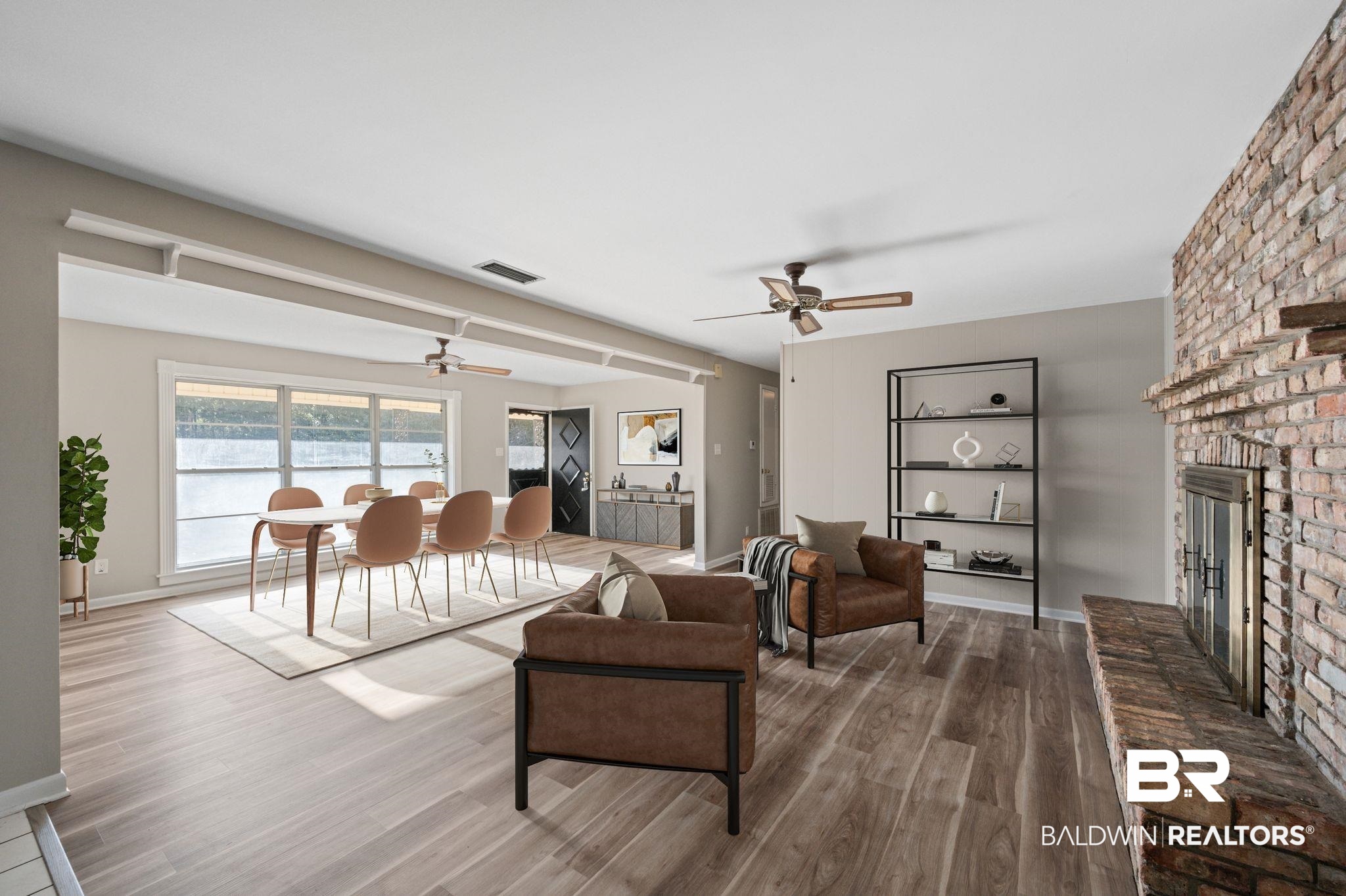 909 Caroline Avenue Daphne, AL 36526 - Photo 12 of 46 Living room featuring hardwood / wood-style floors, a brick fireplace, and ceiling fan