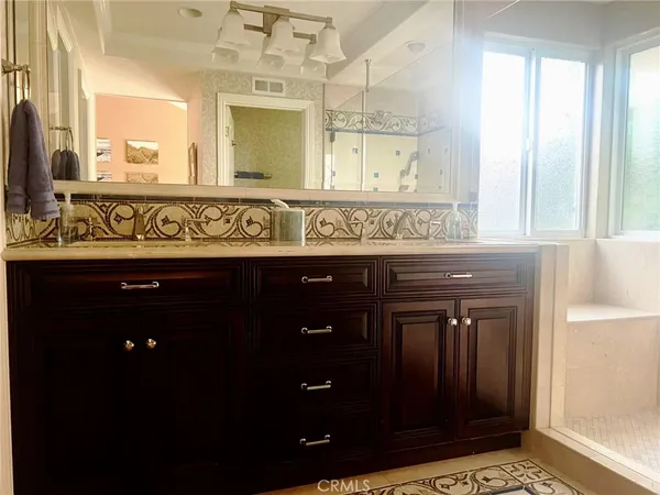 a bathroom with a sink a mirror and a shower