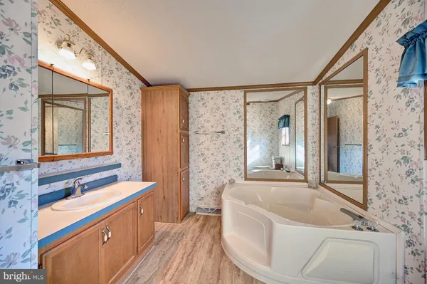 a bathroom with a granite countertop sink mirror vanity and bathtub