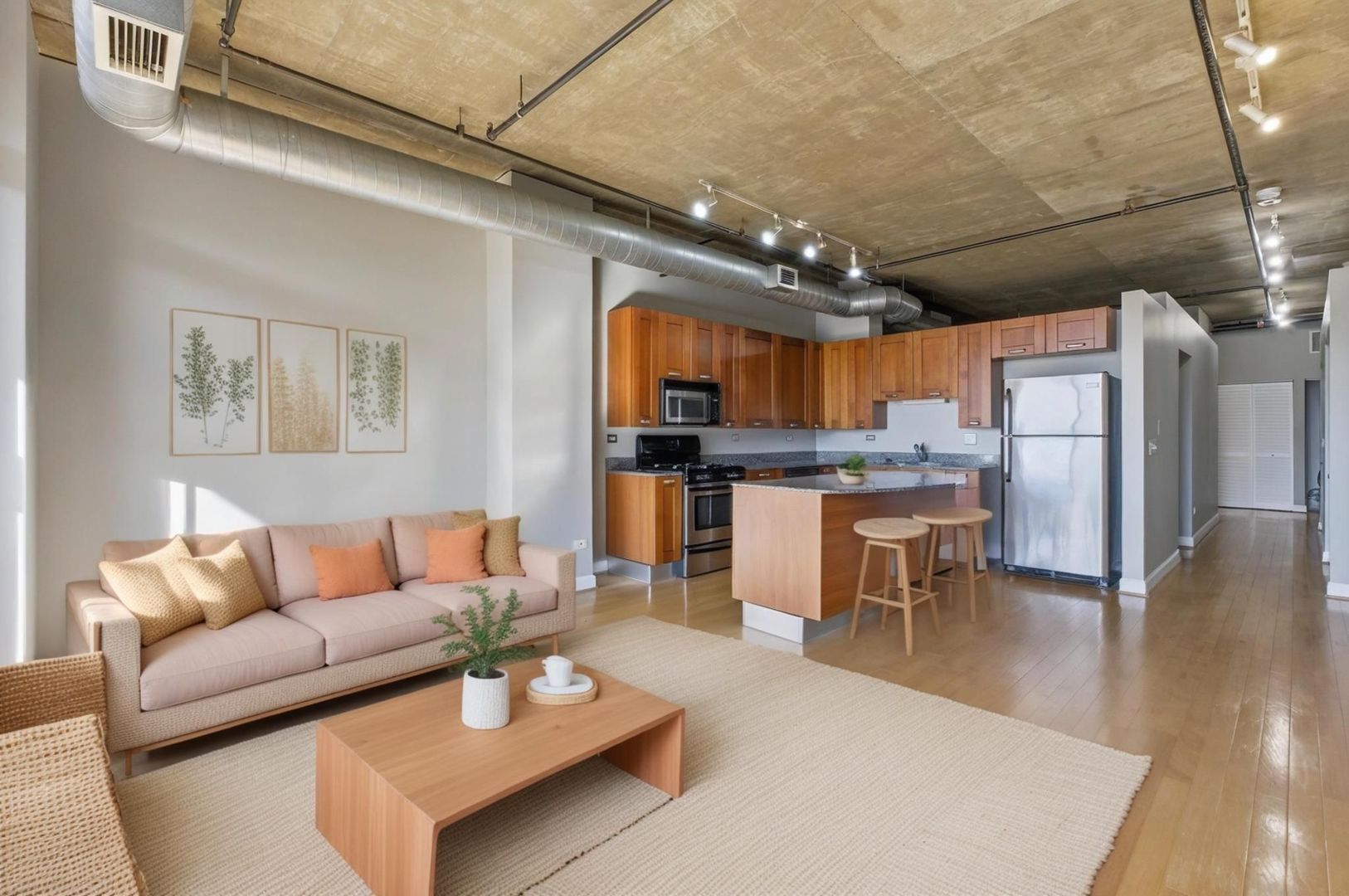 111 South Morgan Street, Unit 701 Chicago, IL 60607 - Photo 5 of 11 a living room with stainless steel appliances kitchen island granite countertop furniture and a kitchen view