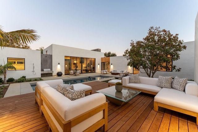 a view of a patio with couches and a potted plant on a table