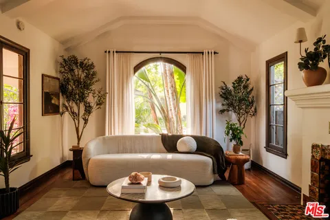 a living room with furniture and a potted plant