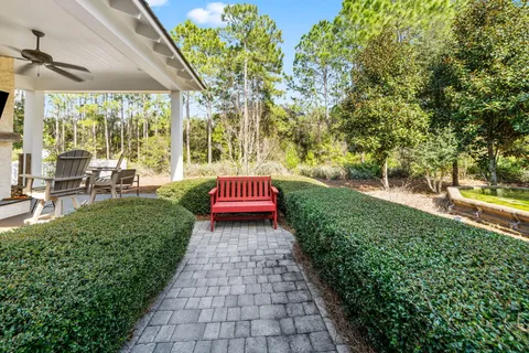 a garden view with a seating space