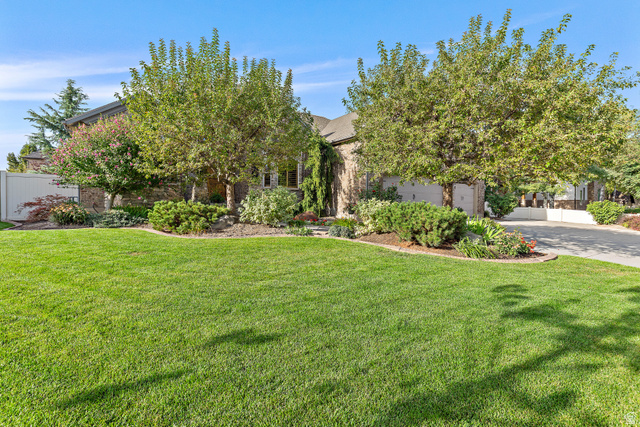 Expansive front lawn, mature trees, landscaped garden beds, brick and stone facade, paved driveway
