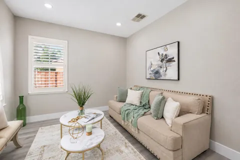 a living room with furniture and a potted plant