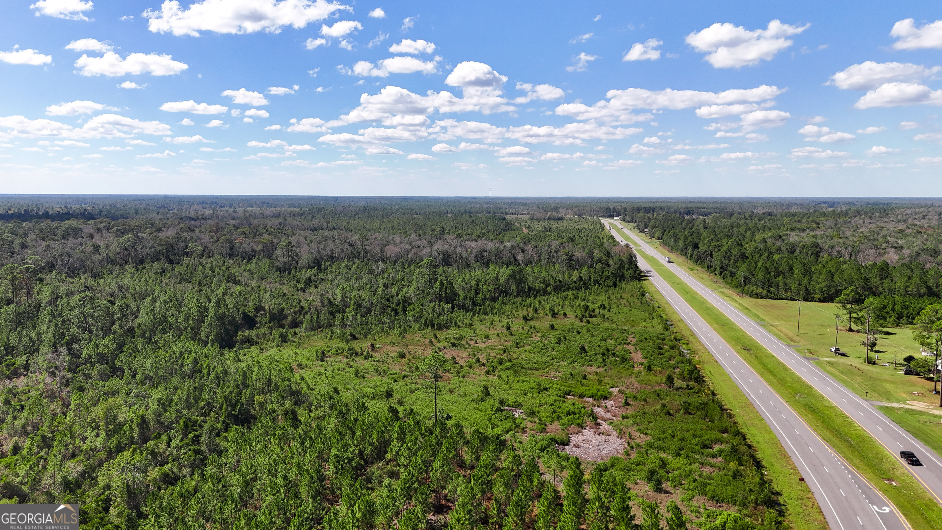 a view of a city with lush green forest