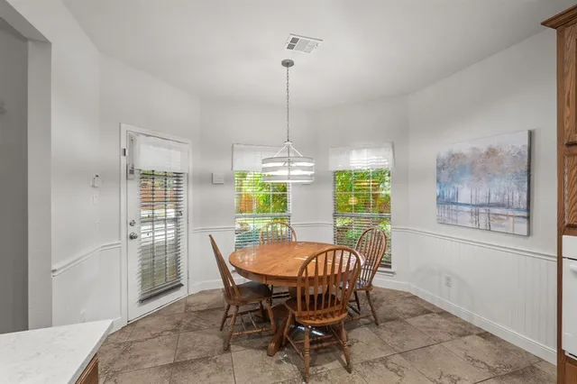 a view of a dining room with furniture window and outside view