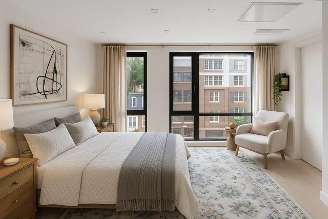 a bedroom with a large bed and two large window