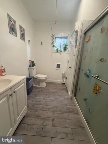 a bathroom with a sink a toilet and a shower