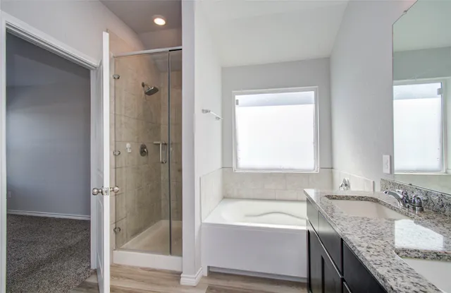 a bathroom with a granite countertop tub sink shower and mirror