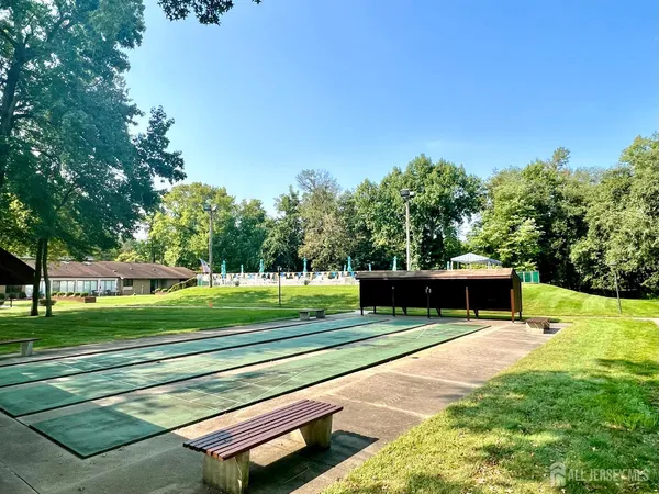 a view of a park with large trees