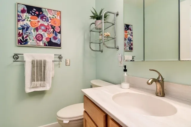 a bathroom with a sink vanity mirror and toilet