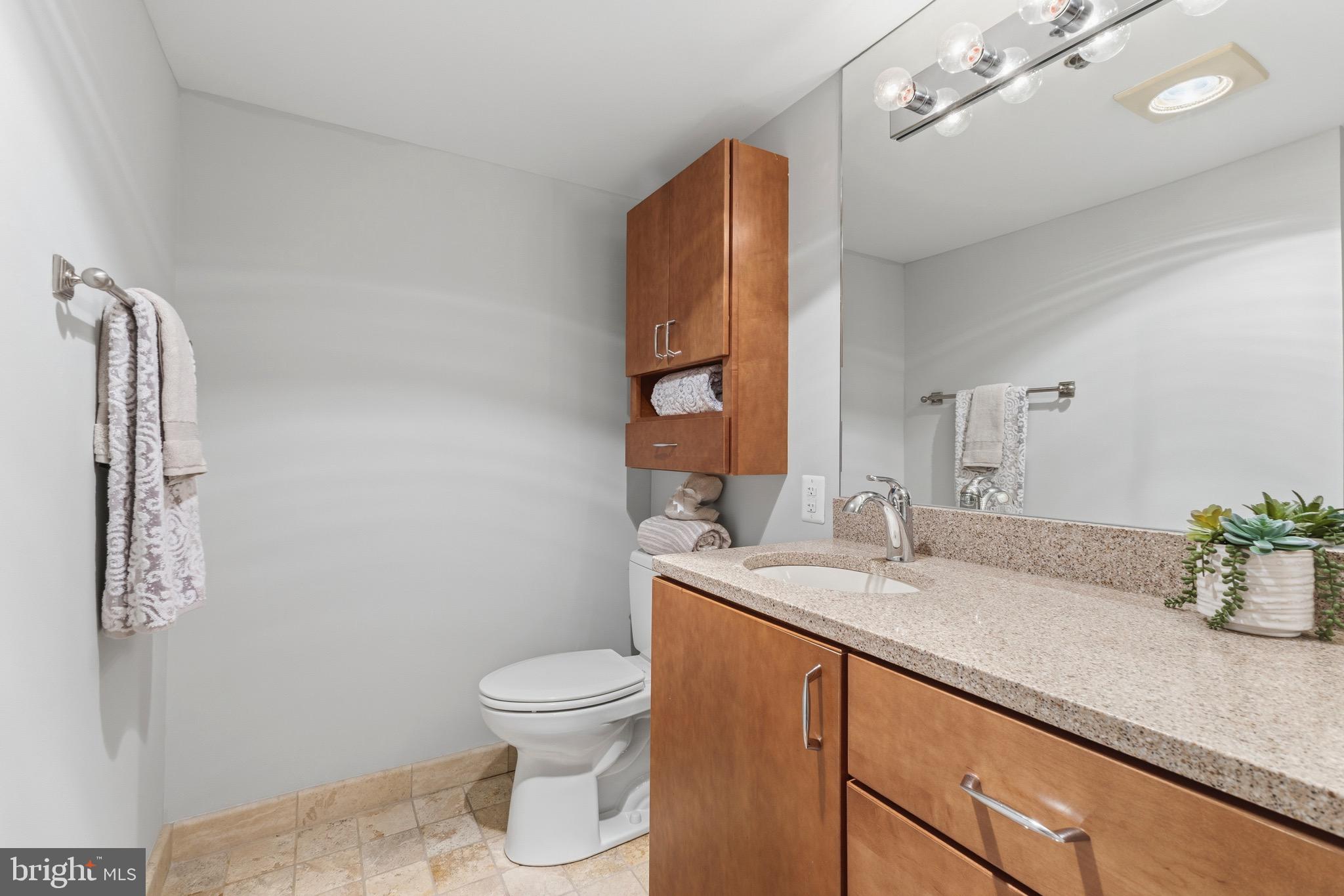 14801 Pennfield Circle, Unit 206 Silver Spring, MD 20906 - Photo 19 of 37 a bathroom with a granite countertop sink and a mirror