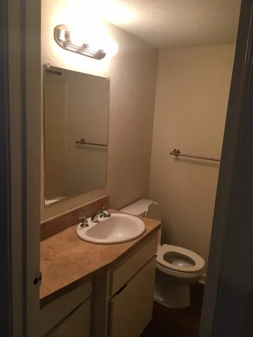 a bathroom with a sink a toilet and mirror