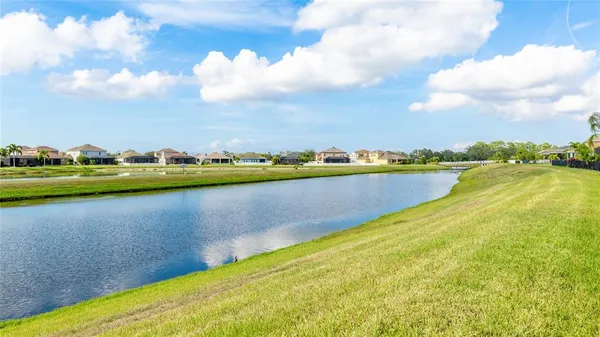 a view of a lake with houses in the back