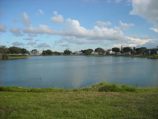 a view of a lake with houses in the back