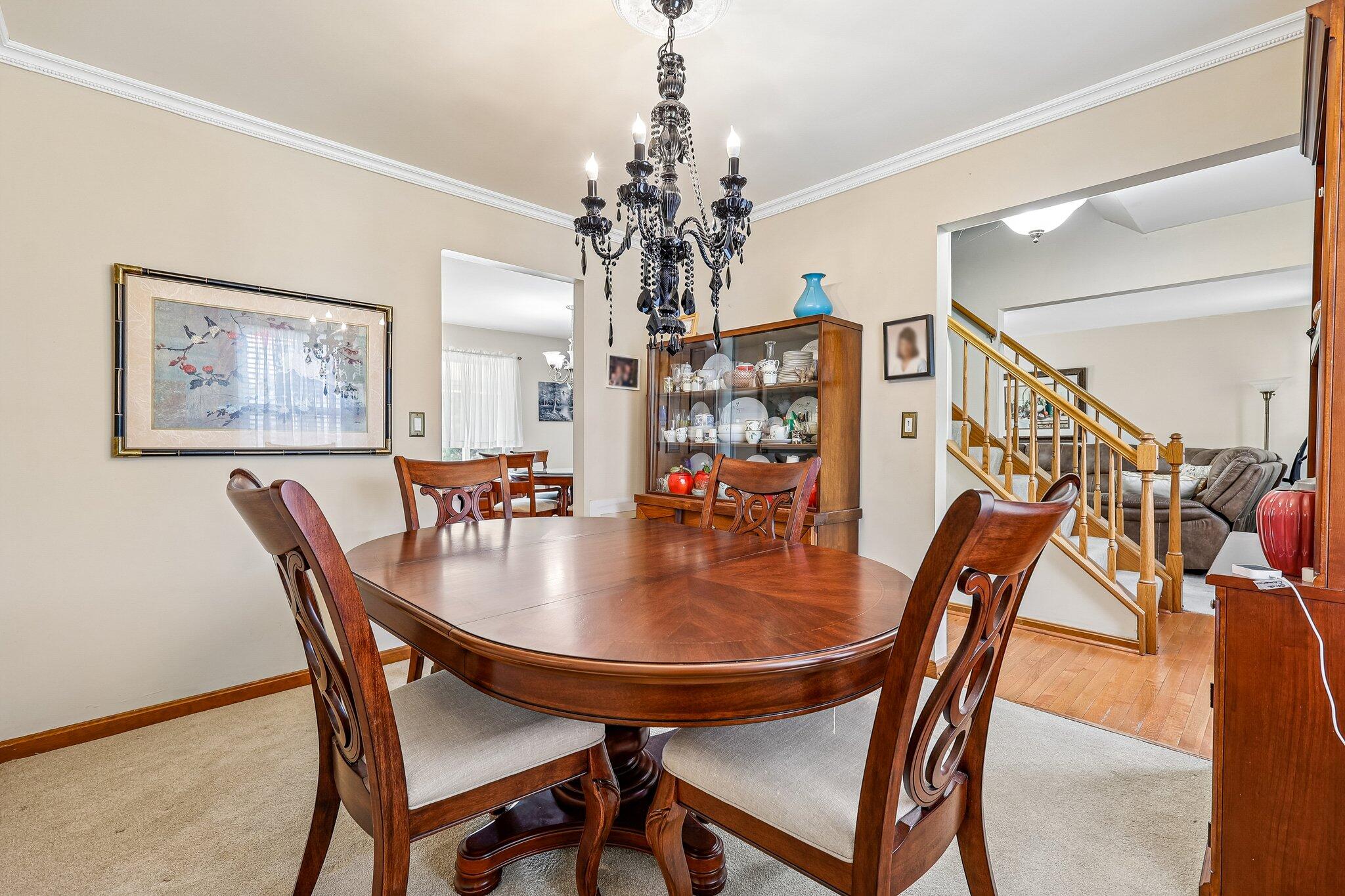 Ornate black chandelier with ceiling medallion, crown molding, and a built-in display cabinet