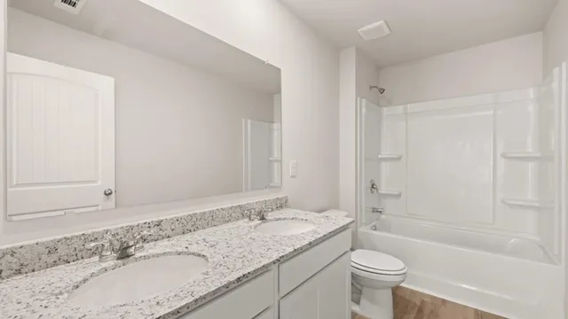 a bathroom with a granite countertop sink a toilet and shower