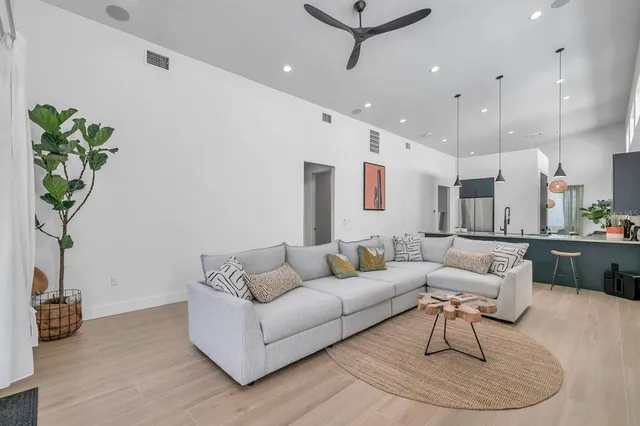 a living room with furniture and a potted plant