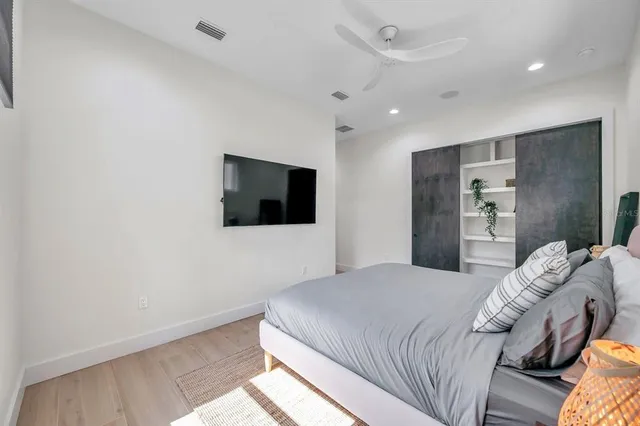 a bedroom with a bed and a flat screen tv