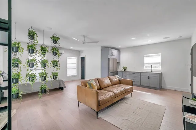 a living room with furniture and a potted plant