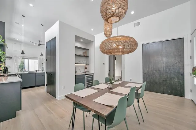 a view of a dining room with furniture