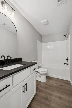 a bathroom with a granite countertop sink a toilet and a bathtub
