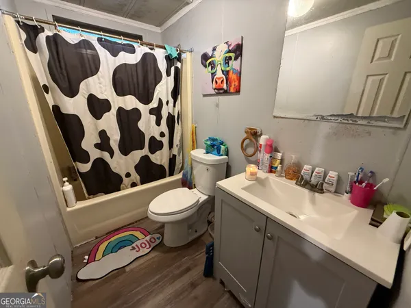 a bathroom with a sink a toilet and shower curtain