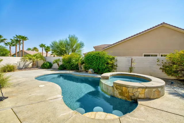 a view of a swimming pool with some potted plants and palm trees