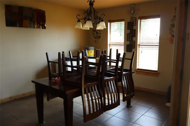 a view of a dining room with furniture and window