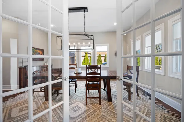 a view of a dining room with furniture