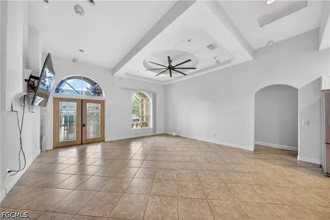 a view of an entryway with a chandelier
