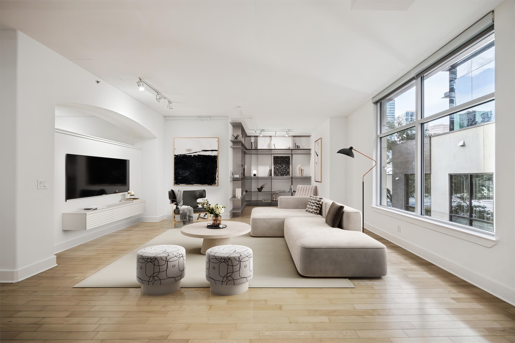 Welcome to a residence that exudes sophistication and style. This 1,313 sq ft open-concept tower unit is exceptionally light-filled, featuring dramatic near floor-to-ceiling windows and natural hardwood floors. Photo is virtually staged.