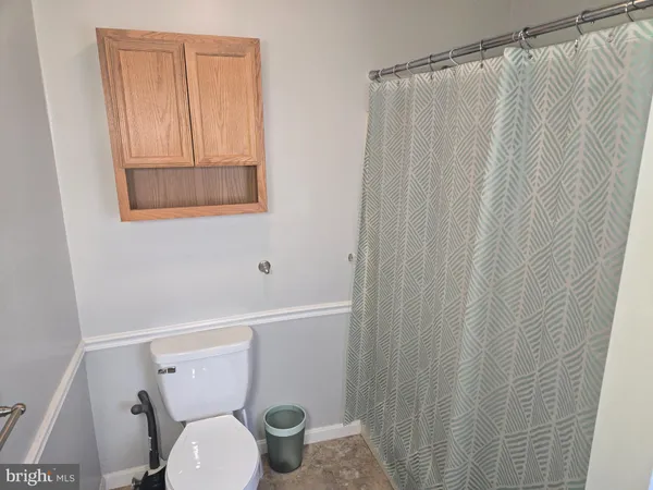 a white toilet sitting next to a shower curtain