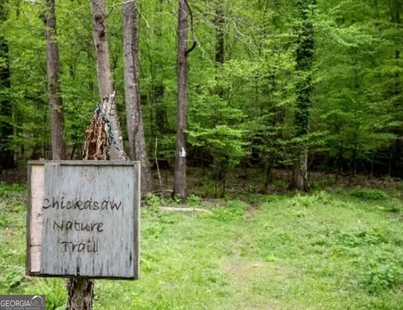 a sign that is sitting in front of a tree