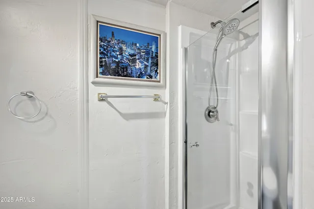 a bathroom with a shower and a sink