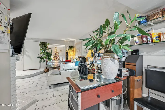 a living room with furniture a flat screen tv and a potted plant