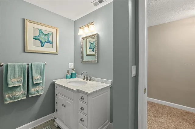 a bathroom with a sink mirror and vanity