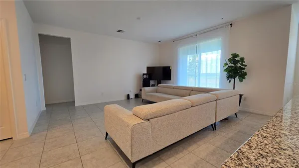 a living room with furniture and a potted plant