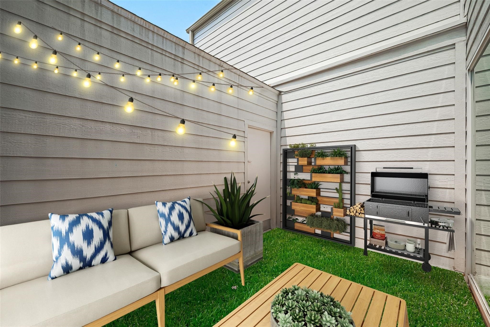 4305 Westheimer Road Houston, TX 77027 - Photo 22 of 25 Charming outdoor patio with cozy seating, string lights, and a grill, perfect for entertaining and relaxation. Virtual staged.