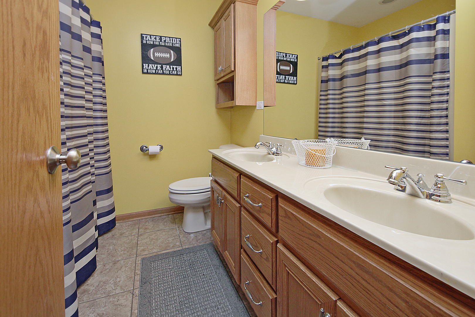 4420 West Shabbona Road Morris, IL 60450 - Photo 21 of 31 a bathroom with a sink a toilet a mirror and shower curtain