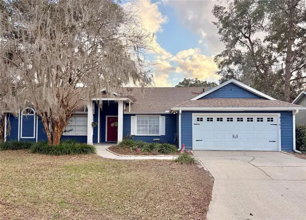 a view of a house with a yard and large tree