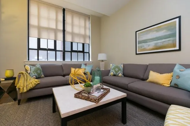 a living room with furniture lamp and a potted plant